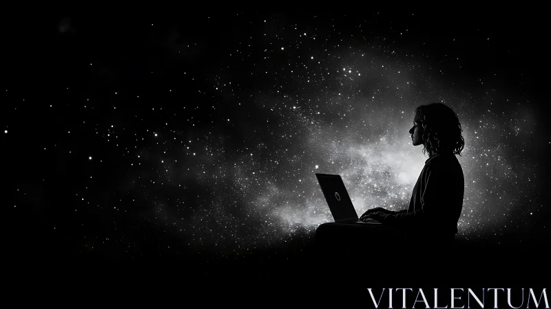 Silhouetted laptop user framed by luminous starfield backdrop.