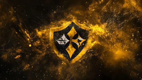 Golden shield emblem amid explosive nebula textures.