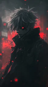 Shadowlit rebel with a burning crimson gaze at dusk.