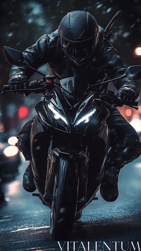 Armored night rider races through neon city rainstorm.