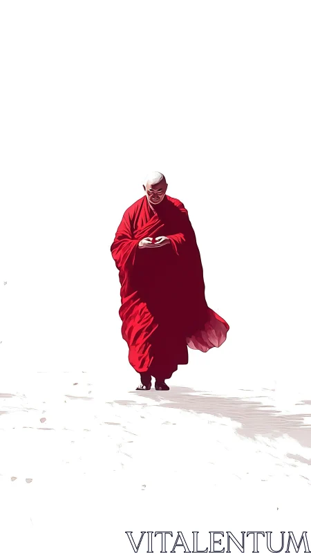 Gentle monk in red robes walking through quiet white space.