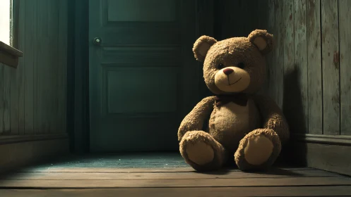 Stuffed teddy bear on wooden floor near closed door.