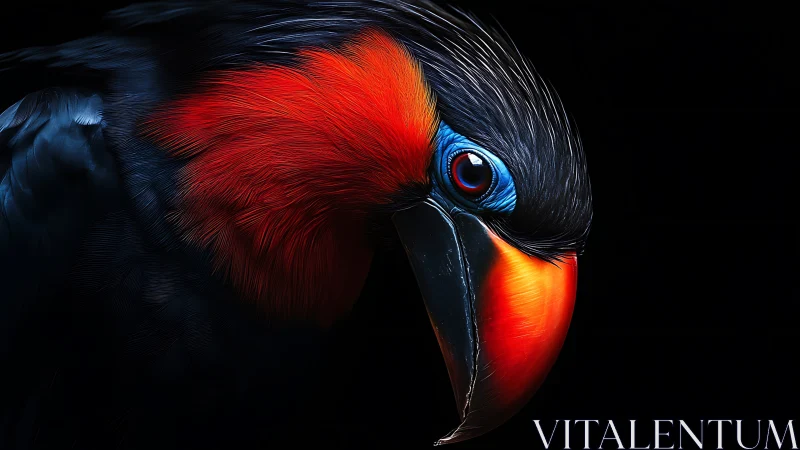 Striking close-up portrait of exotic parrot in dramatic lighting.