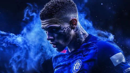 Electrifying blue football warrior stands ready for action