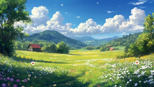 Sunlit alpine meadow panorama with wildflowers and cottages