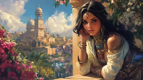 Regal woman on balcony overlooking ornate riverside city