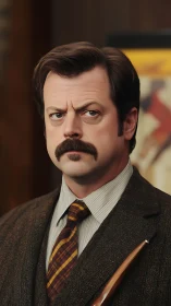 Stern mustached man in tweed suit under warm studio light.