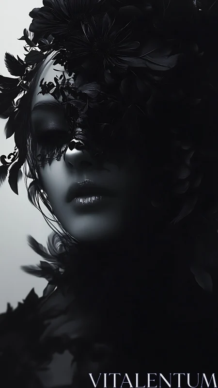 Velvet shadows and midnight blooms veil a quiet gaze.