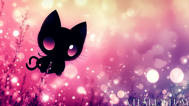 Silhouetted chibi cat floats against luminous bokeh field