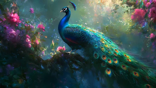 Iridescent peacock rendered in high-saturation floral forest scene