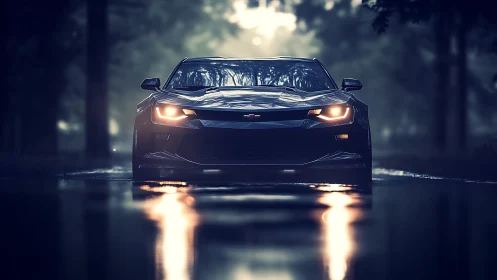 Low-angle frontal view of modern black sports coupe on wet road