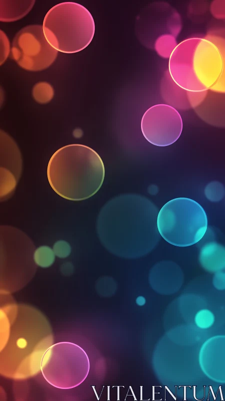 Neon bubble orbits drifting across a velvet twilight void.