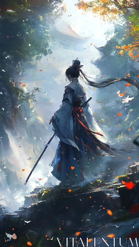 Swordwind wanderer listens for temples in the mountain mist