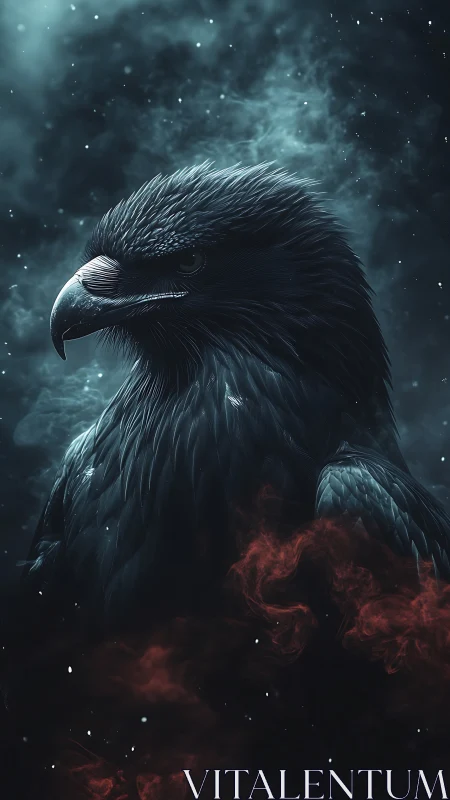 Midnight eagle stands strong in swirling cosmic mist
