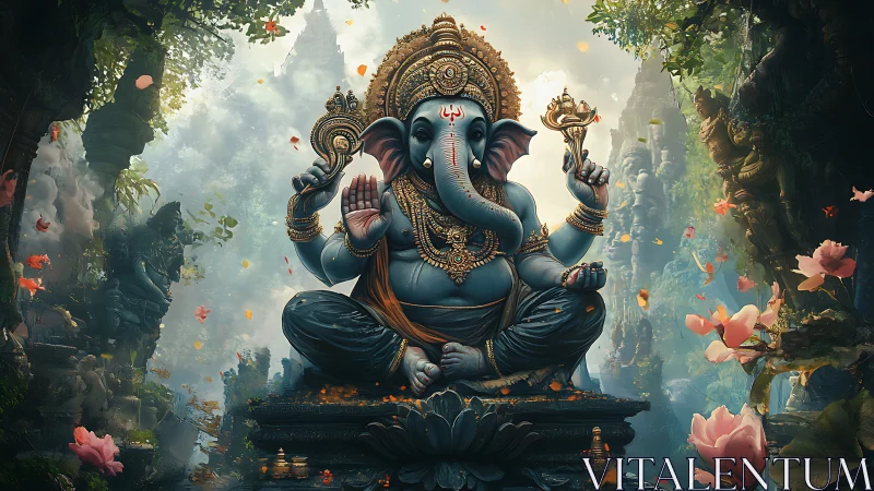 Blue elephant deity sits centered in ornate jungle temple