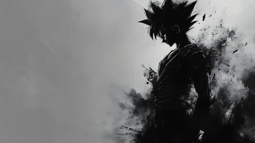 Ink-splatter anime silhouette with asymmetrical negative space balance.