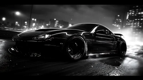 Midnight hypercar prowls the rain-glossed neon freeway.
