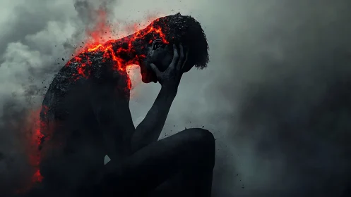 Burning silhouette quietly cradles their head in glowing ash