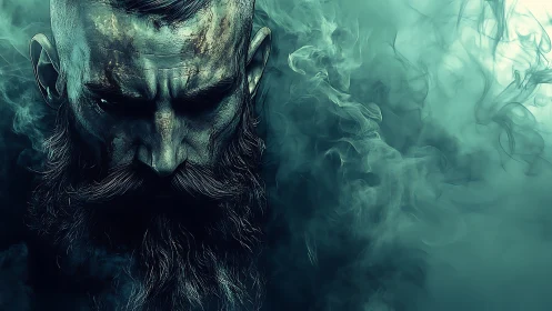 Bearded warlord face emerging through swirling teal smoke