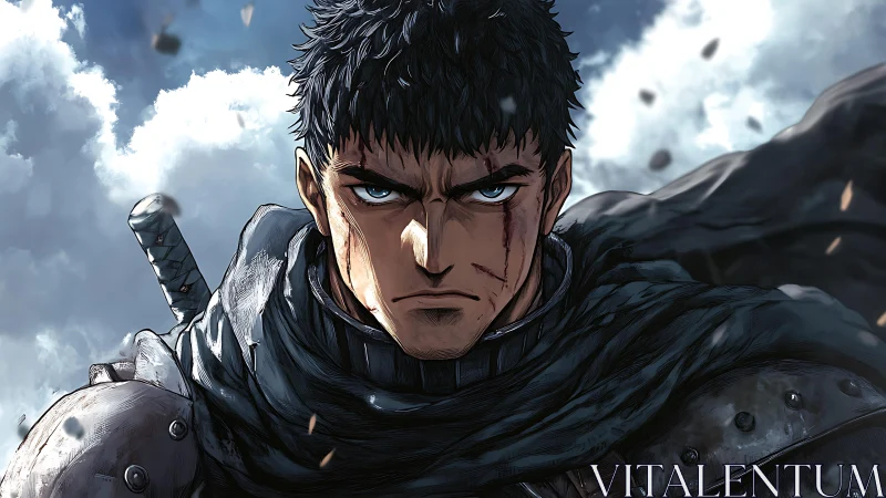 Battle-hardened swordsman portrait under storm-broken sky