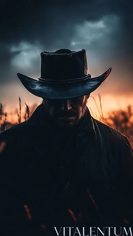 Mysterious lone cowboy silhouette at stormy sunset horizon.