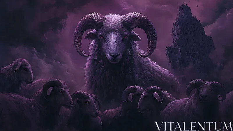 Giant horned ram leads dark flock before ominous tower.