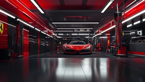 Red performance car is centered in a reflective workshop bay