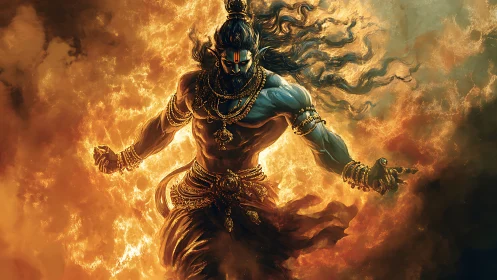 Blue-skinned warrior figure stands amid intense surrounding fire