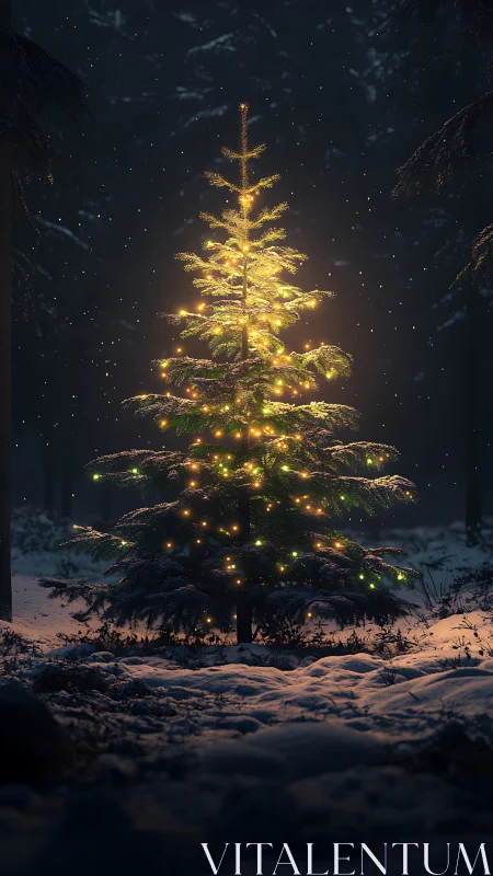 Snow-laden fir tree with warm LED lights in twilight forest