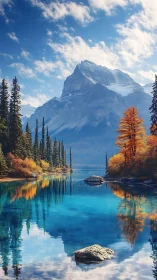 Mountain lake with vivid autumn forest reflections.