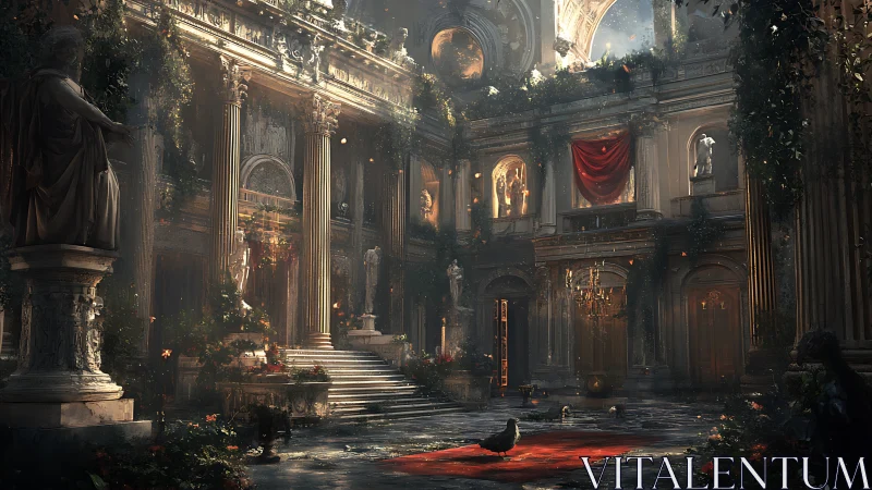 Neo-baroque courtyard ruin with volumetric light shafts.