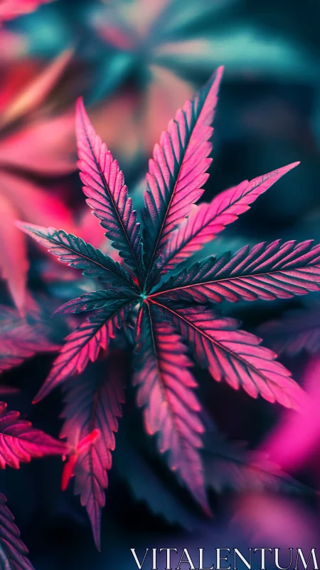 Neon-lit cannabis leaf rendered in hyper-saturated macro focus