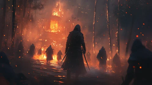 Digital painting of hooded figures advancing on burning fortress.