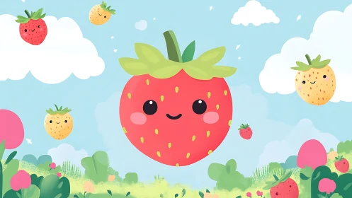 Kawaii strawberry characters float over pastel fruit fields.