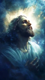 Digital painting of luminous ascendant figure in celestial haze.