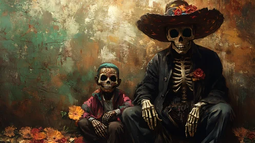 Calavera duo in festive attire against textured ochre wall.