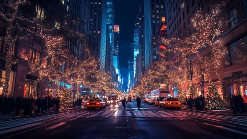 Urban street shows dense holiday lighting and night traffic