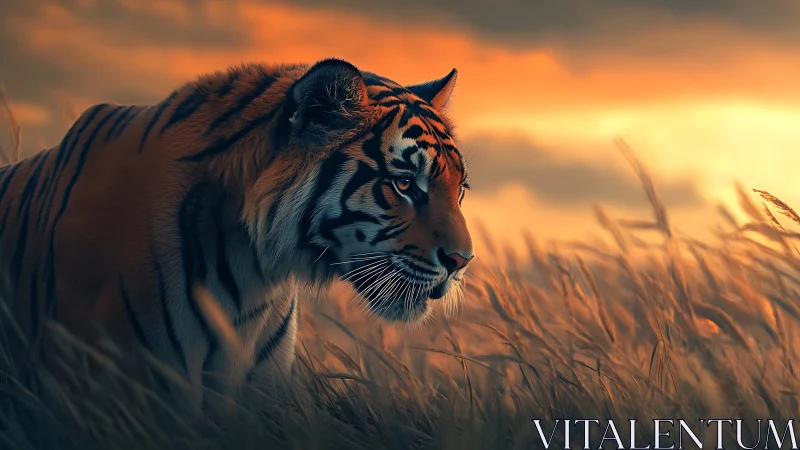 Sunlit tiger stalking through windswept golden grasslands.