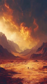 Lone wanderer strides beneath a storm-forged sunset sky.