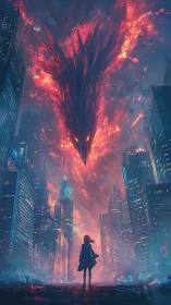 Lone figure confronts flaming dragon cloud above cityscape.