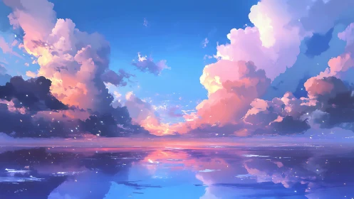 Digital seascape depicts reflective water and dense cloudbank