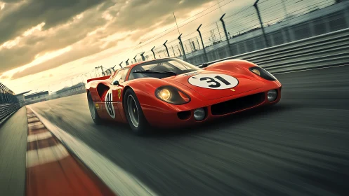 Vintage red endurance race car accelerates along sunset circuit