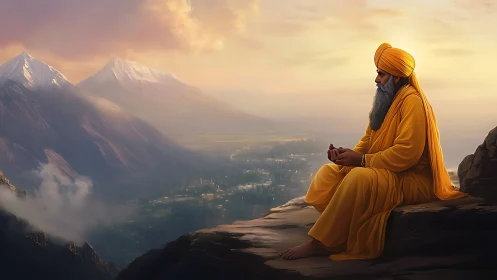 Solitary sage in saffron meditating above misty mountain valley