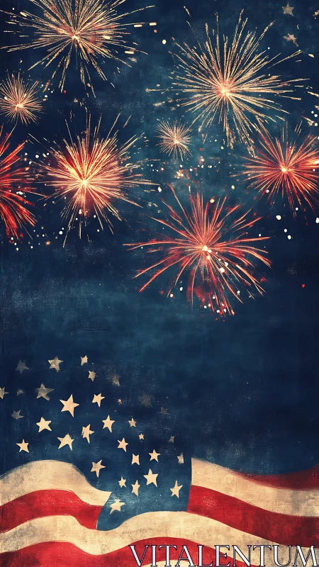 Fourth of July fireworks over stylized American flag art.