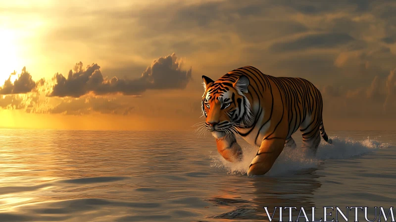 Hydrodynamic tiger traversal under volumetric sunset illumination.