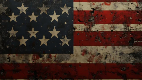 Distressed American flag texture with grunge bullet damage.