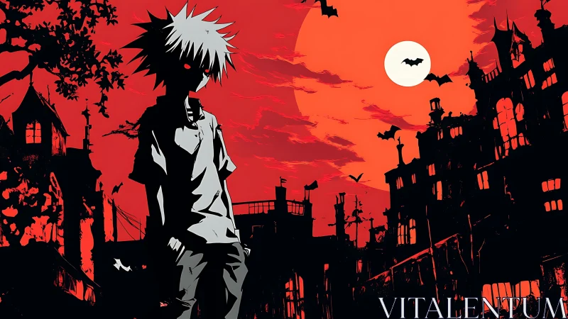 Red moonlit gothic cityscape with solitary anime silhouette