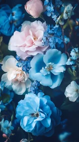 Compositional arrangement of pink and blue flowers against dark background