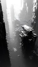 Monolithic sci fi canyon dissolves into luminous urban haze