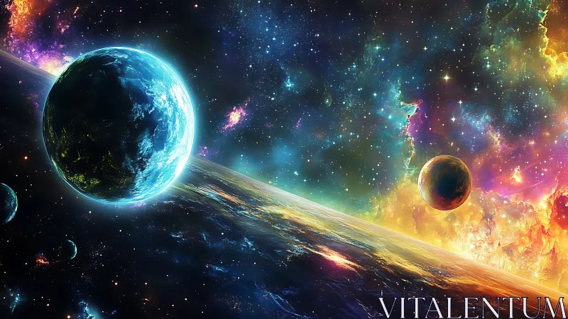 Vivid alien planets drift through a neon cosmic nebula.